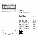 Garrafas de 250 mL (62X120 mm.) PE, fundo redondo, com tampa (6 unid.)