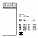 Garrafas de 290 mL (62X137 mm.) PE, fundo plano, com tampa (6 unid.)