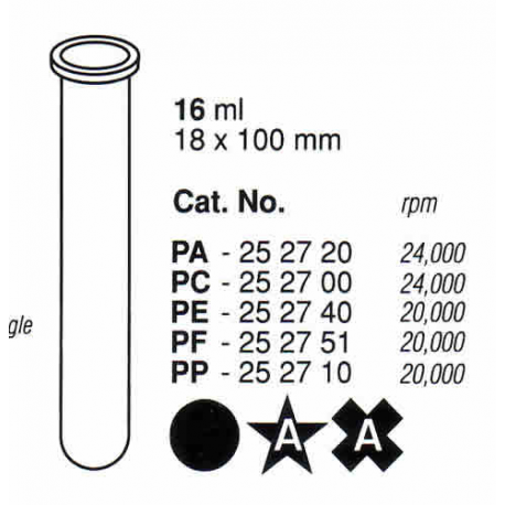 Tubos Supercentrífuga 16 ml (18 x 100 mm); fondo redondo; PA; sin tapa (10 unidades).